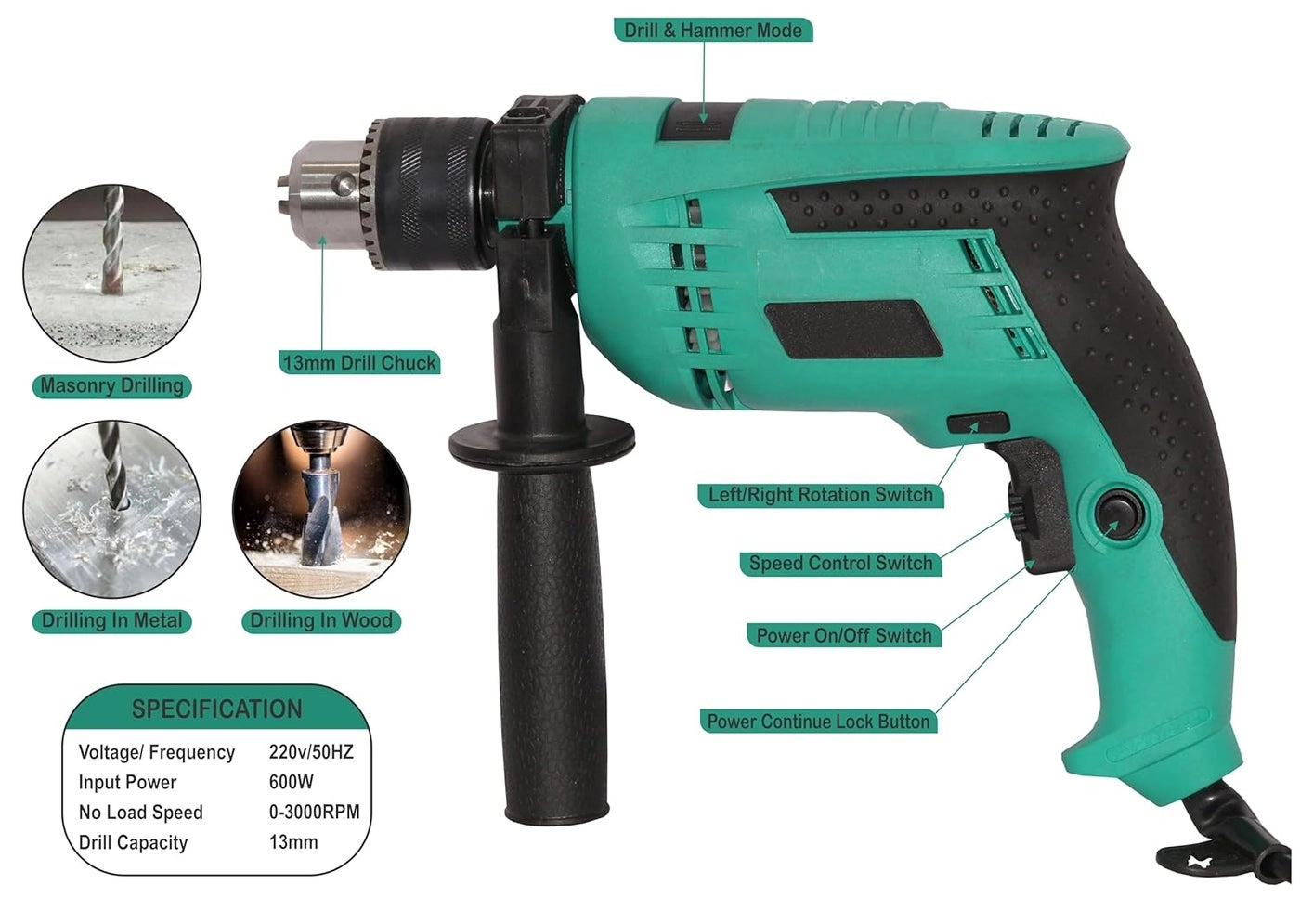 13MM Impact Reversible Drill + 8Inch Pincer Plier + TBar Socket Set