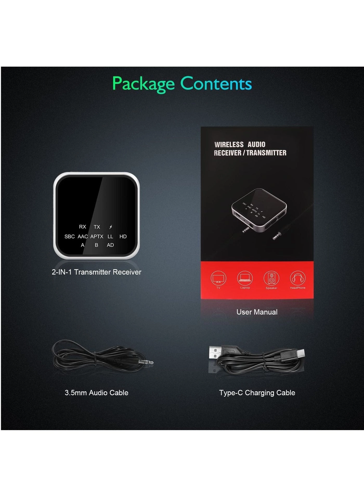 Bluetooth Transmitter & Receiver - Bluetooth 5.2 3.5mm AUX Built-in 250mAh Li-Polymer battery