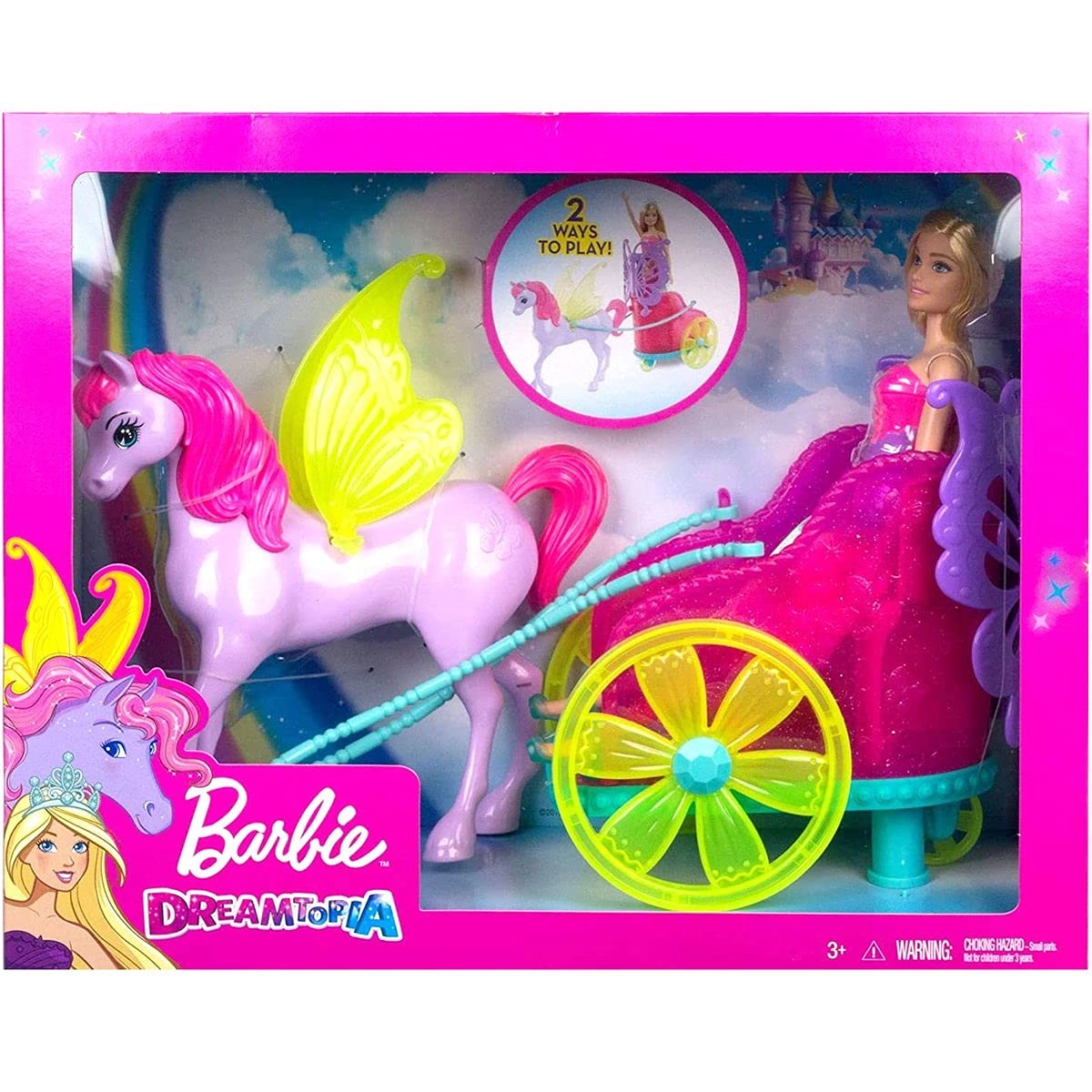 Barbie Dreamtopia Princess Doll - 11.5-in Blonde + Fantasy Horse - Translucent Yellow Wings + Chariot - Vibrant Pink