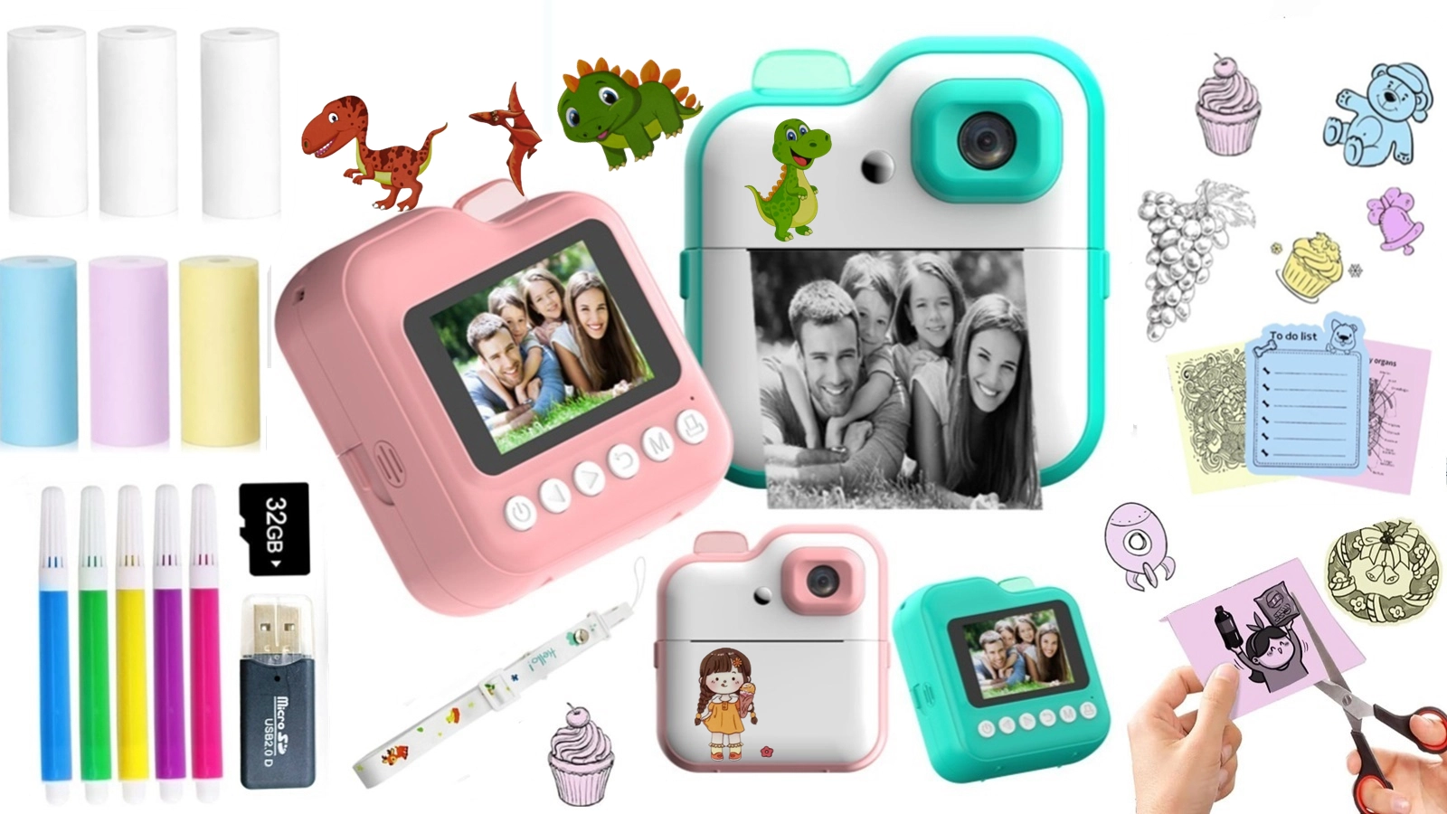 Kids Rechargeable Camera Instant Print - 1080P 2.4" LCD 32GB