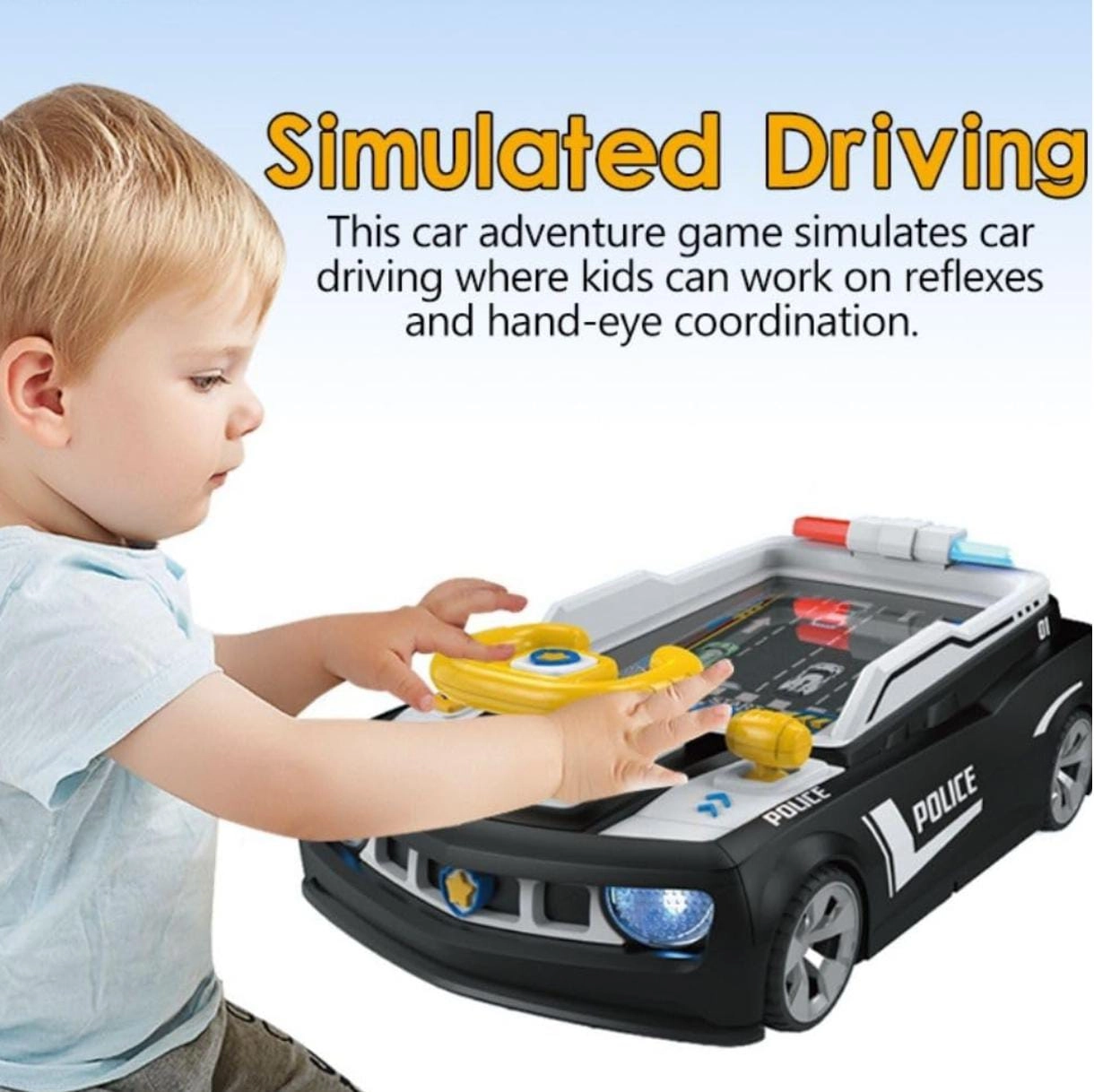 Steering Wheel Toy Car Racing Simulator - Headlights Realistic Vehicle Sounds Music