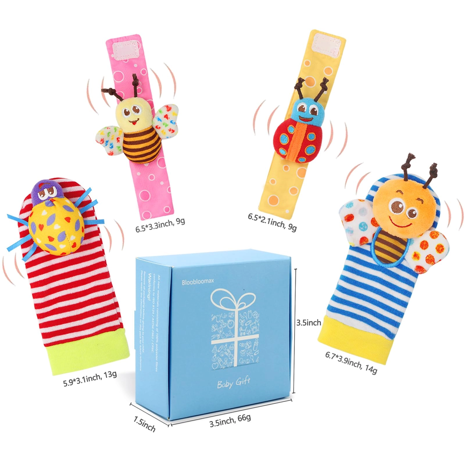 Wrist Rattle Socks and Foot Finder Set - 0-36 Months Fabric Bugs Cartoon Images 1.0 Count