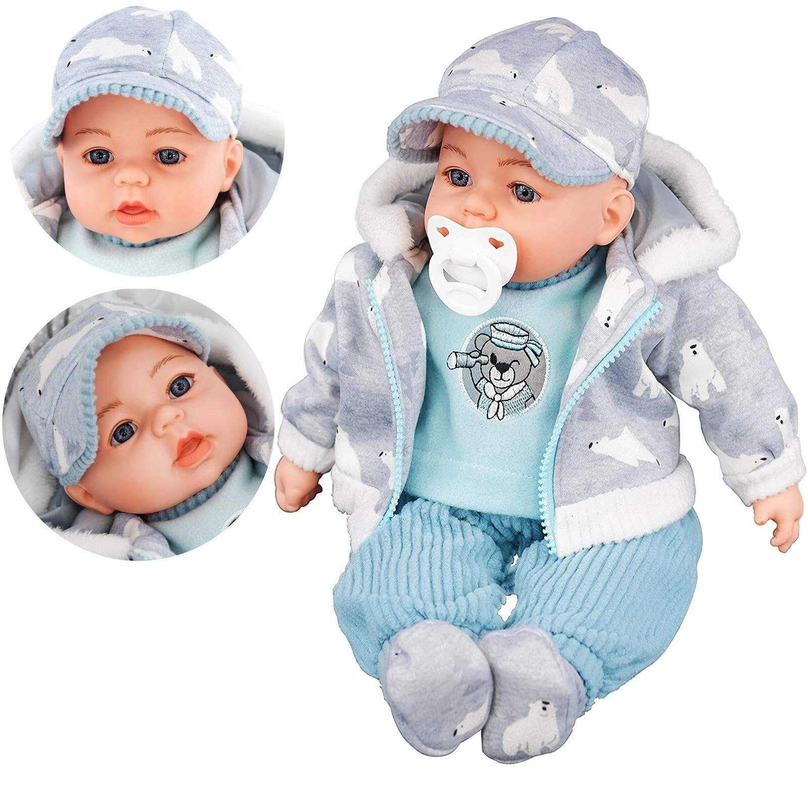Baby Doll - 46cm Grey With Cap 16 Baby Sounds