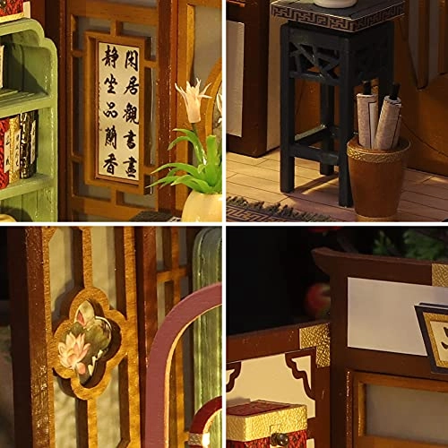 3D Wooden Miniature Doll House Kit - Painting and Calligraphy Room With Dust Cover 1:24