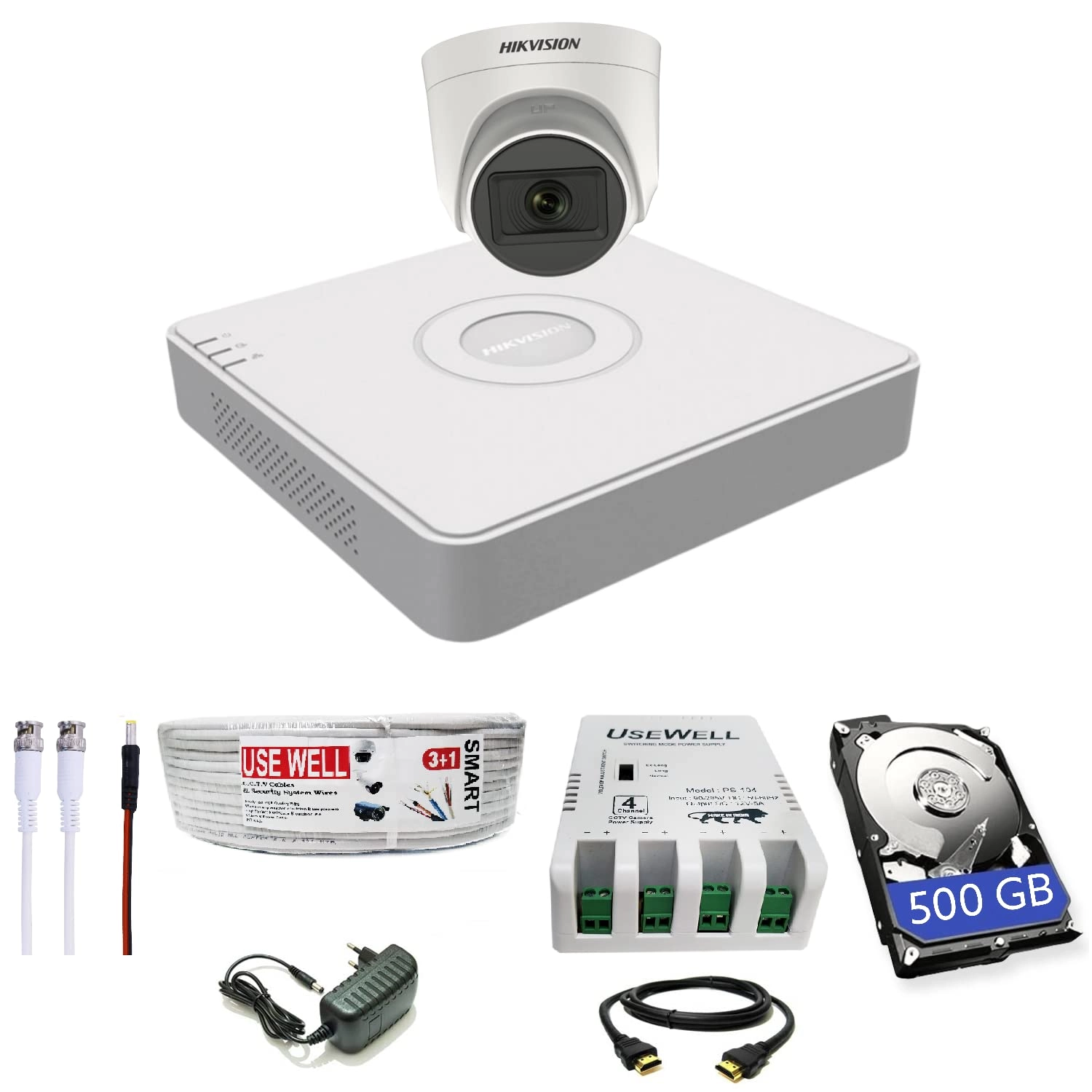 4 Channel DVR + 5 MP 1 Dome & 1 Bullet Cameras + 500 GB HDD + 3+1 Cable roll + 4 CH Power Supply + BNC & DC Full Combo Kit