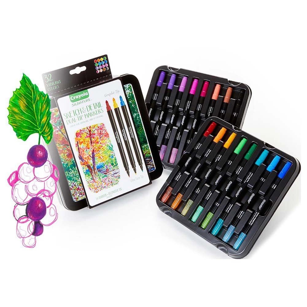 Brush & Detail Dual-Ended Markers - 32 complementary colors brush tip ultra-fine tip