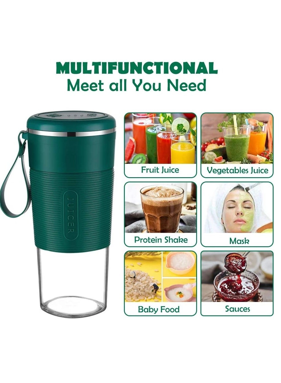 Portable Blender Cup - USB Rechargeable Stainless Steel Blades Battery Powered