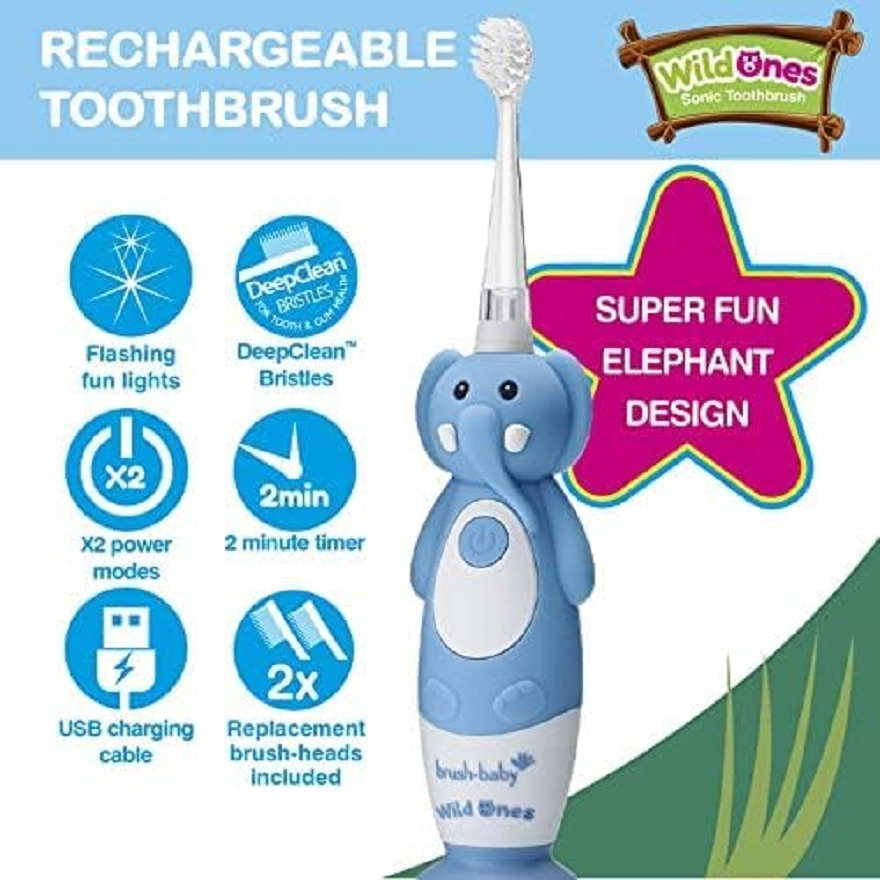 Kids Electric Rechargeable Toothbrush - Elephant 3 Brush Heads USB Charging