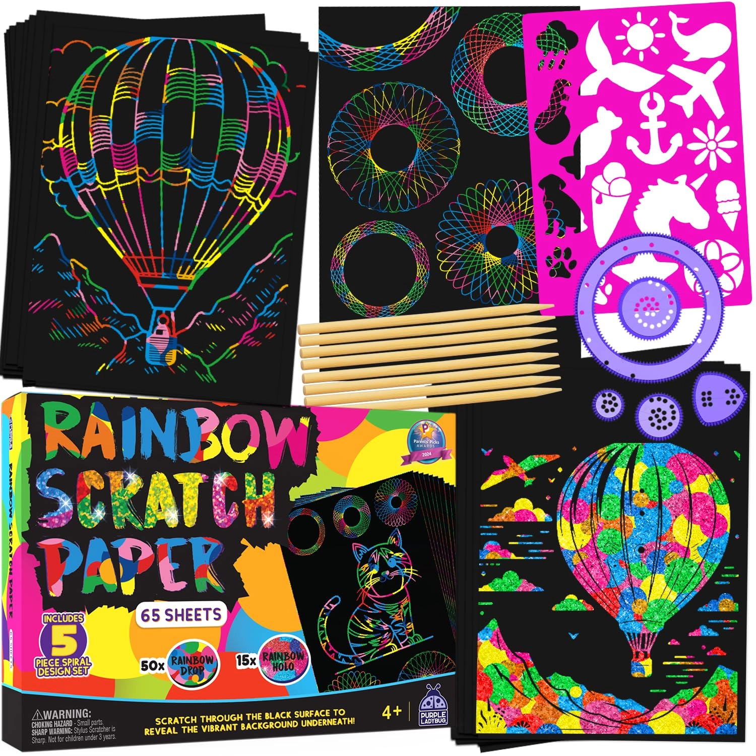 purple ladybug Rainbow Scratch Art Paper - 79 PCS stencils wooden styluses