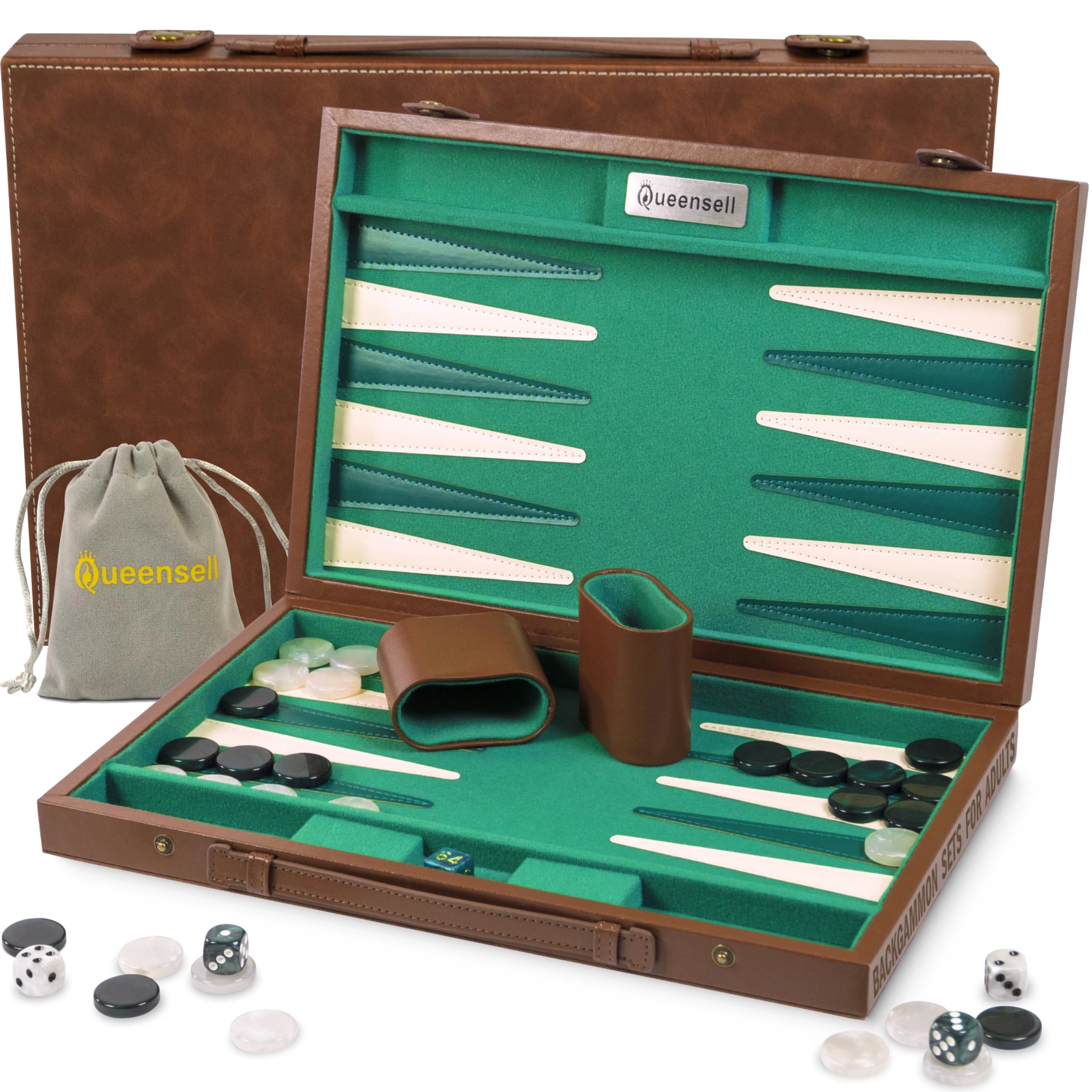 Queensell Backgammon Set - Green Edition Cognac Alcantara Case Velvet Interior
