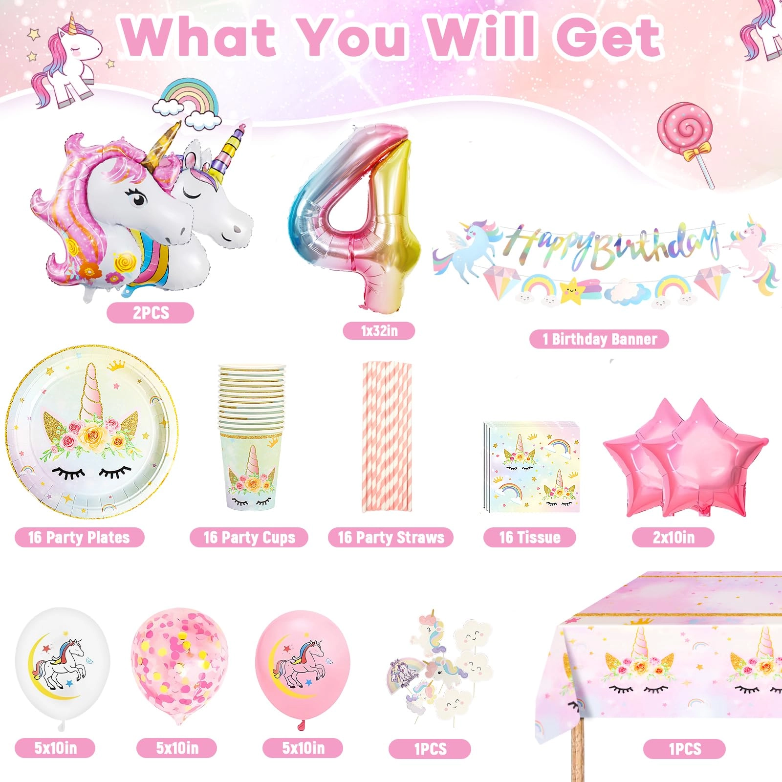 Unicorn Party Decorations - 16 Guests Birthday