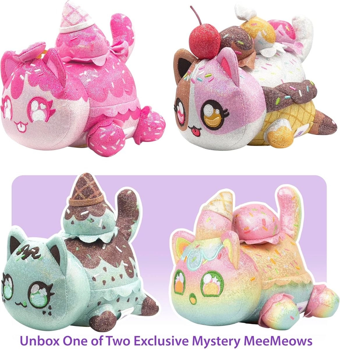 MeeMeow Sparkle Strawberry Cat 15.2 cm Plush + MeeMeow Sparkle Mint Chip Cat 15.2 cm Plush + MeeMeow Sparkle Ice Cream 15.2 cm Plush
