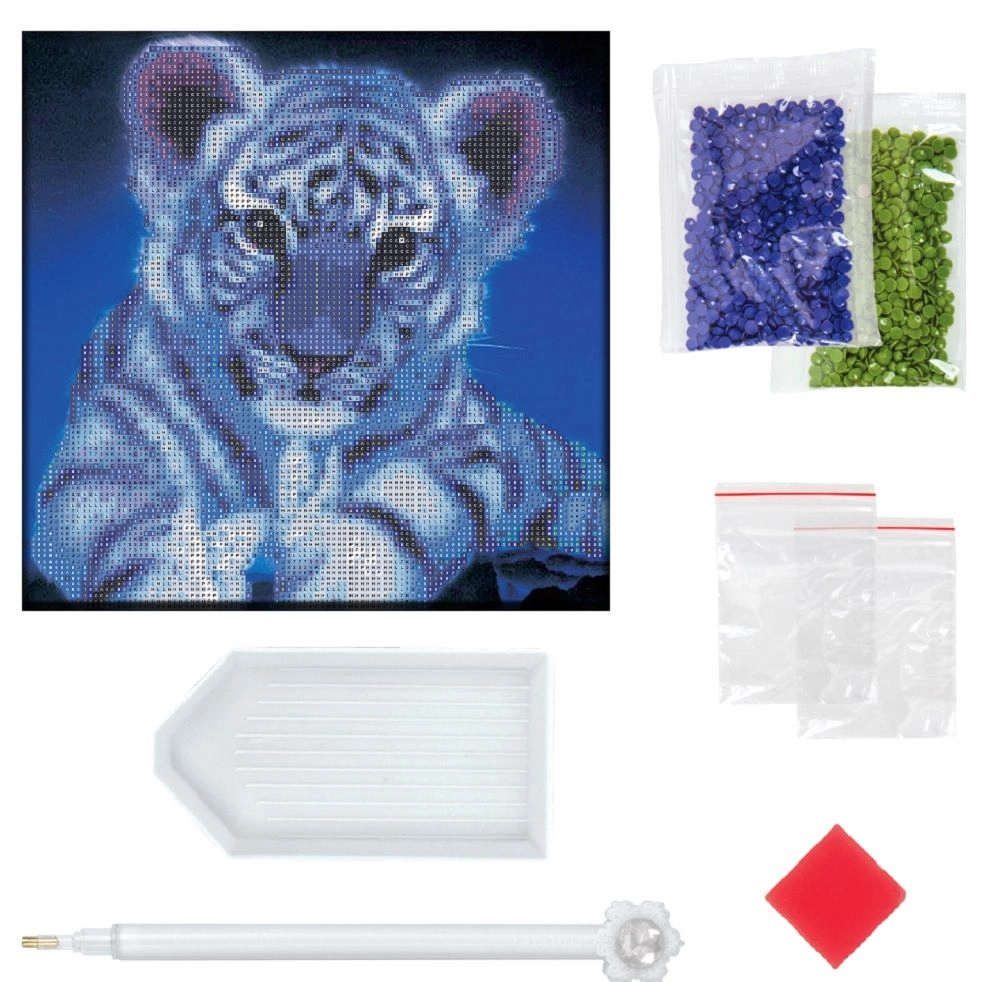 Crystal Creations Canvas White Tiger Cub - Over 7,250 crystals Applicator stylus Tray