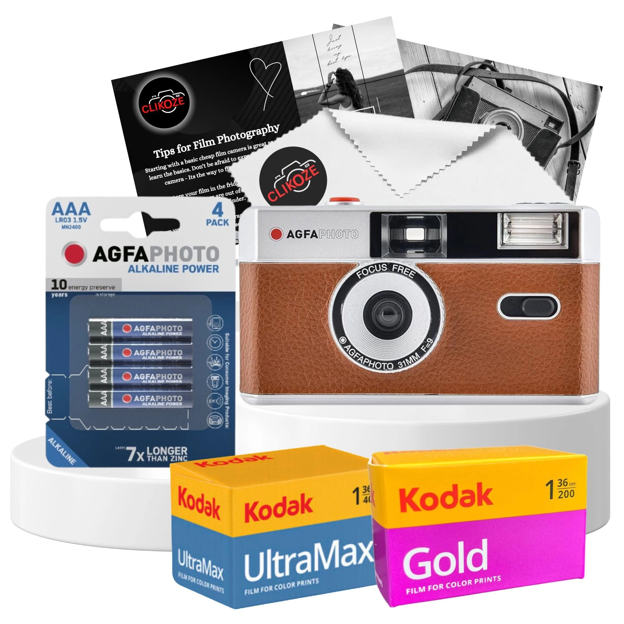 35mm Reusable Film Camera + Ultramax 400 - 36exp + Gold 200 - 36exp + Battery - AAA + Lens Cloth - Black + Photography Tips Card