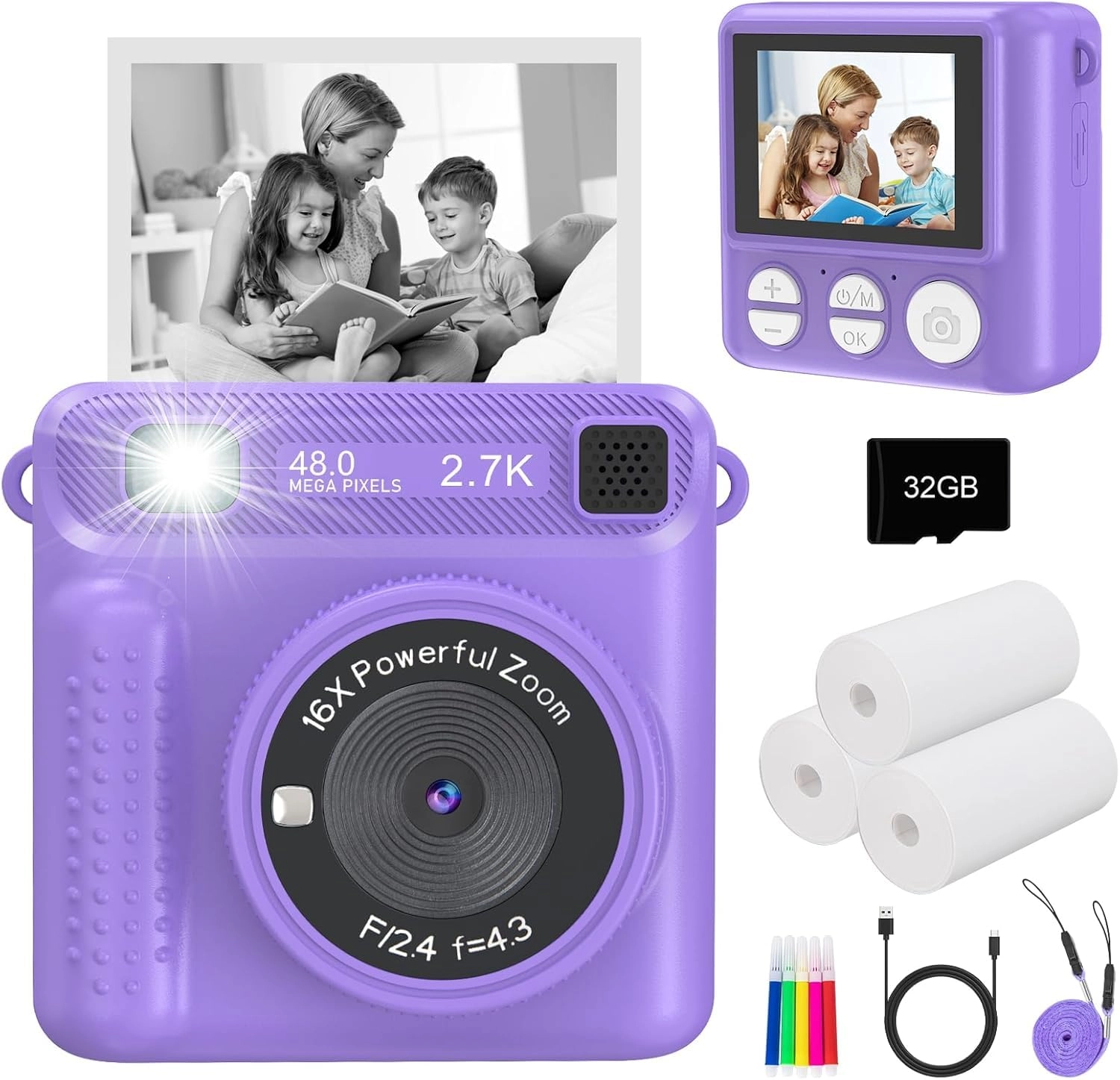 Oasisgalore Instant Print Camera - 1080P 32GB Purple