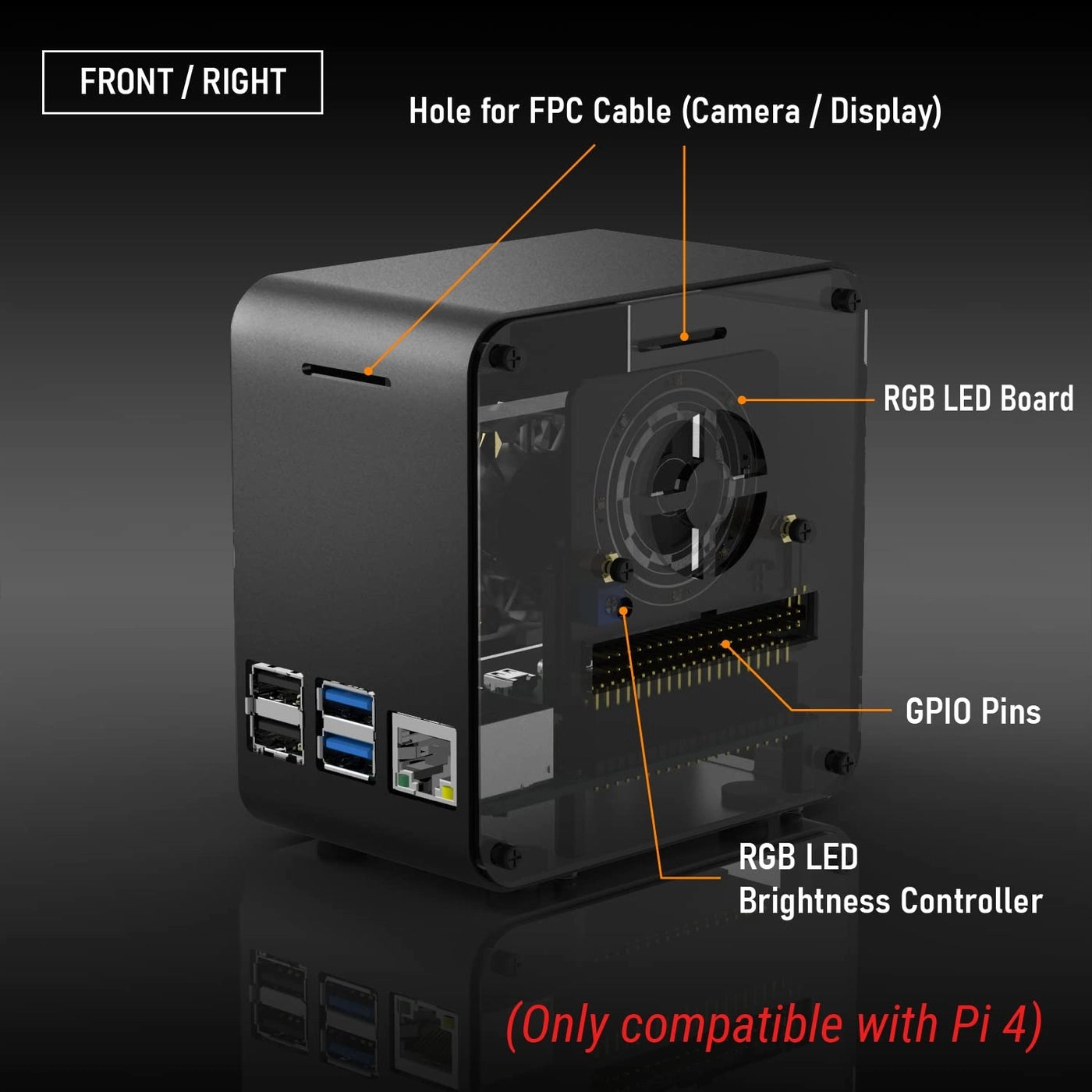 Raspberry Pi 4 Case - Aluminum Mini Tower 4000rpm Fan RGB Mood Light