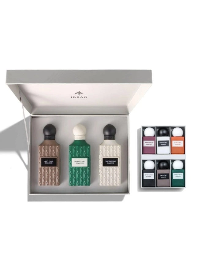 IBRAQ Grey Pearl Diamond - Eau de Parfum 75ml + White Regent Diamond - Eau de Parfum 75ml + Emerald Soul Diamond - Eau de Parfum 75ml + Black Carbon Diamond - Eau de Parfum 10ml + Nod Coral Diamond - Eau de Parfum 10ml