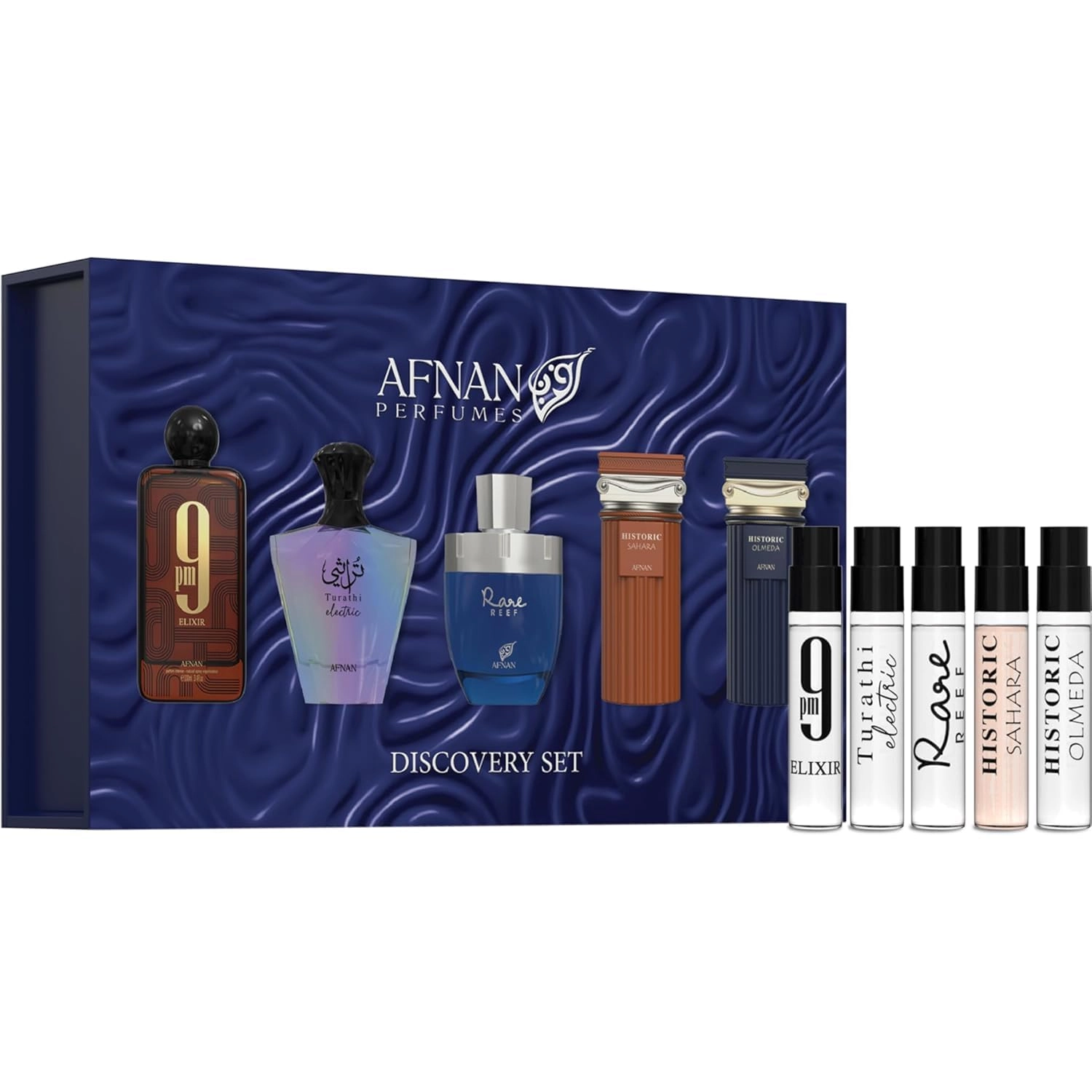 Afnan Perfumes LLC Turathi Electric - 2ml + 9pm Elixir - 2ml + Historic Sahara - 2ml + Historic Olmeda - 2ml + Rare Reef - 2ml
