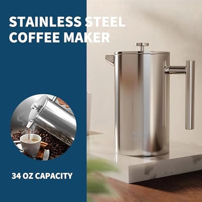 French Press - 34Oz 1 Litre Stainless Steel Insulated