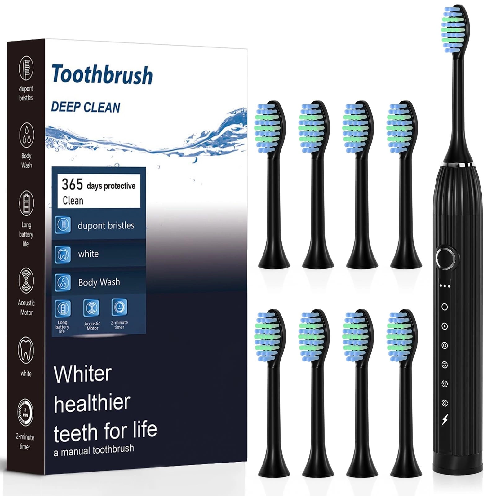 Sonic Electric Toothbrush - 8 Duponts Brush Heads 2 Minute Smart Timer 6 Modes