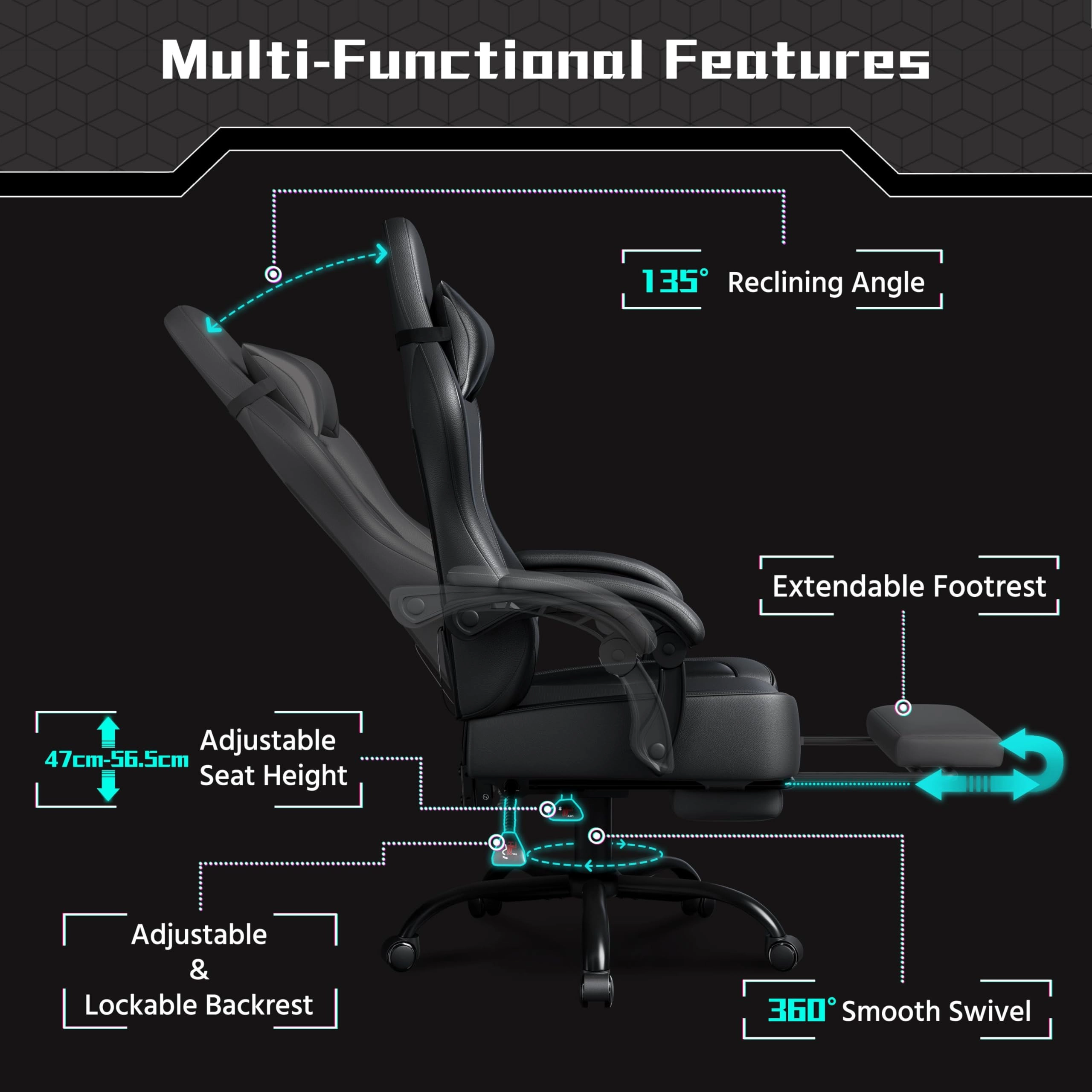 Gaming Chair - Black/Blue Massage Lumbar Pillow