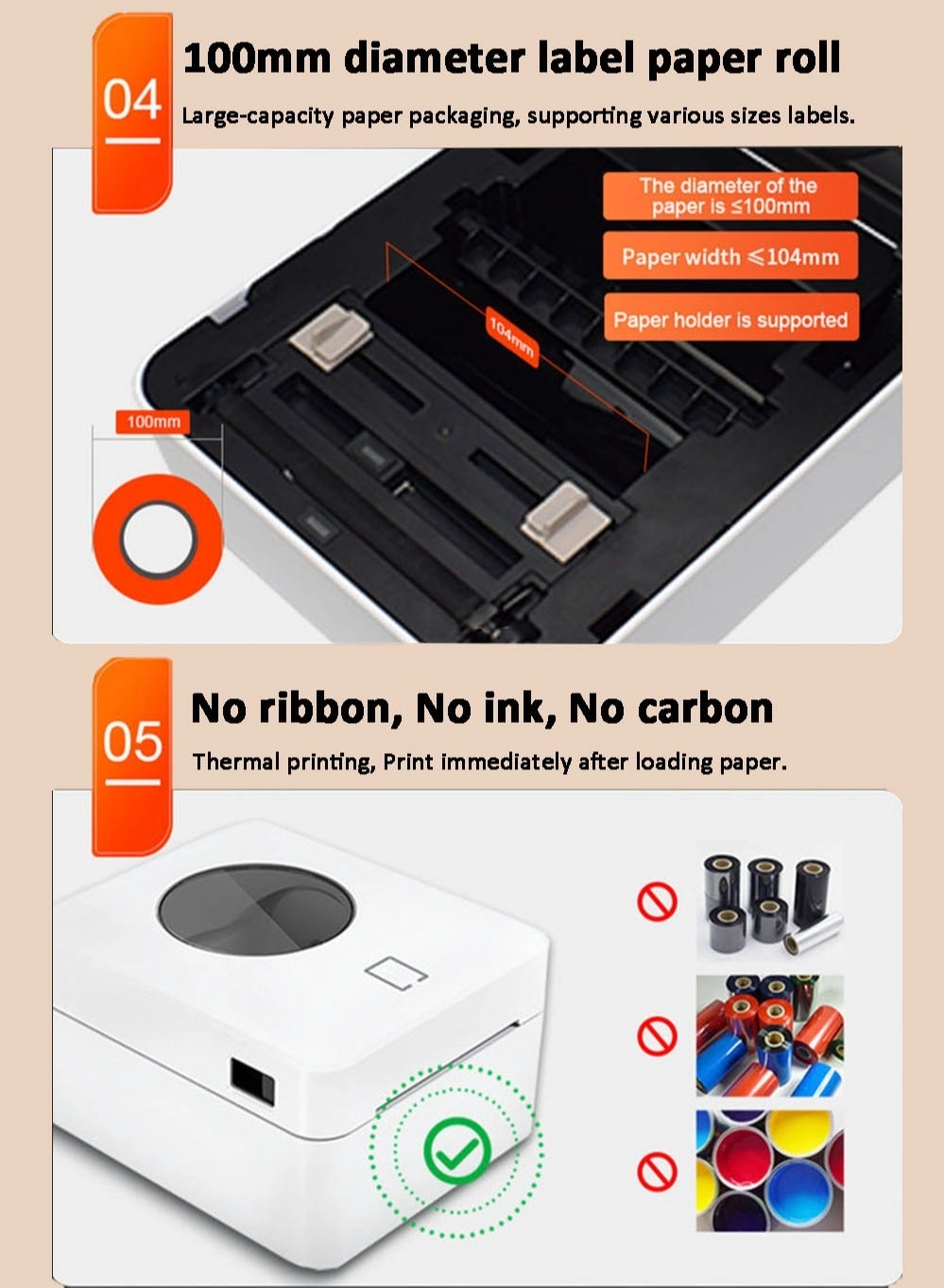 Thermal Label Printer - USB Bluetooth Connection Paper Slot