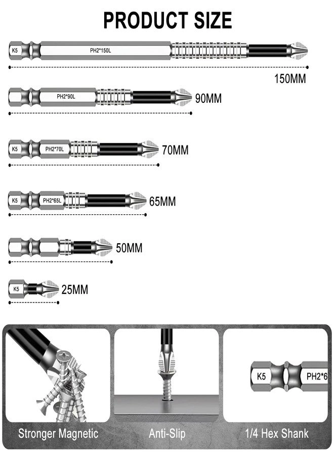 Screwdriver Bit Set - 6Pcs PH2 Alloy Steel