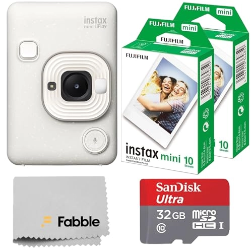 INSTAX Mini LiPlay - Hybrid Instant Camera + INSTAX Mini Twin Film Pack - 20 Sheets + 32GB microSD Card + USB Charging Cable + Hand Strap + Camera and Lens Cleaning Cloth - Grey