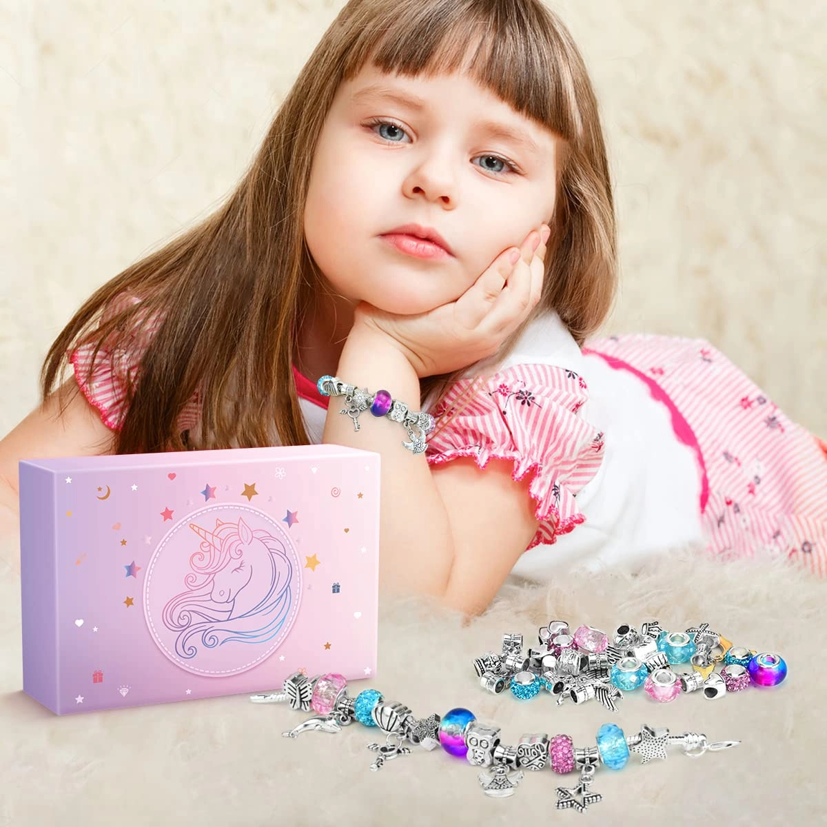 Unicorn Bracelet Jewellery Making Kit - Rainbow Mixed 3 Bracelets Customizable Charms