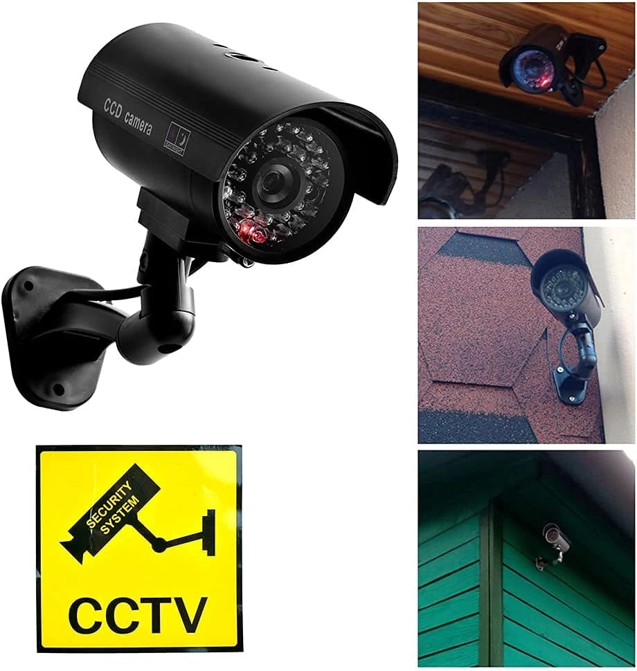 Fake Security Camera - 4 Pack + Warning Sign - Aluminum + Screw - 24