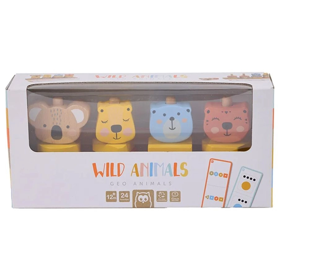 Geo Animals Wooden Stacking Toy - Suitable for 12 month & above 12 activity cards.