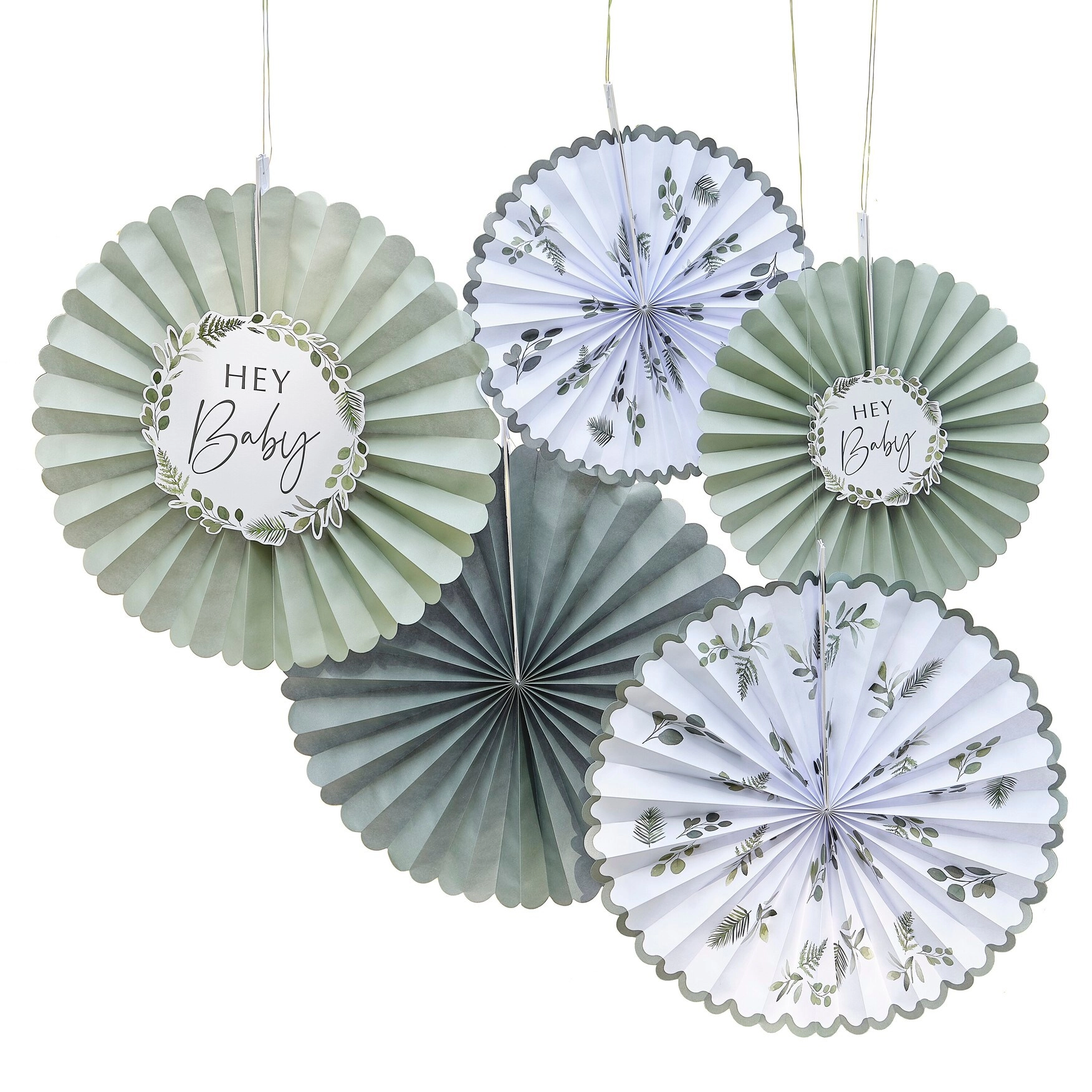 Hey Baby Paper Fan - 2 x Small 3 x Large Baby Shower