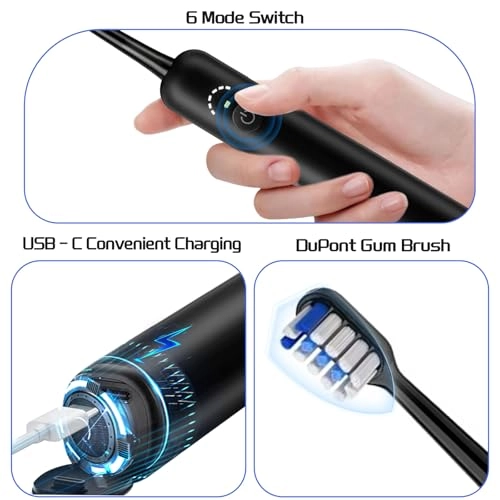 Electric Sonic Toothbrush - 3 Brush Heads 6 Modes 40000 VPM