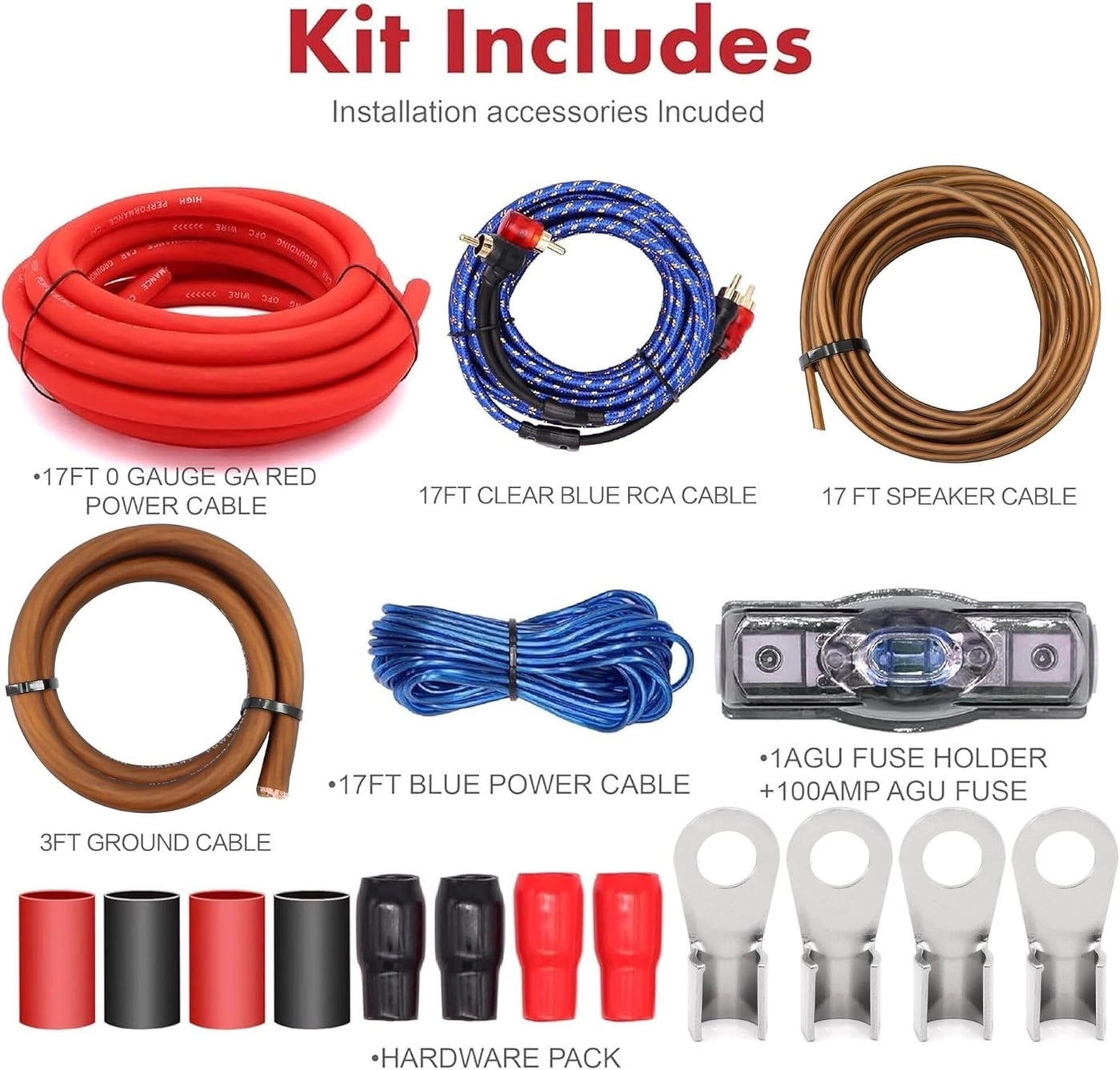 0 Gauge Car Amp Audio Wiring Kit - 17FT red power cable 100AMP fuse