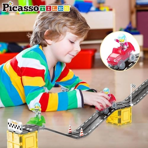 Magnet Tile Race Car Track - Race Car With Figures and Cars 62pcs