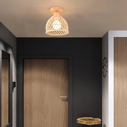 Retro Rattan and Wood Bohemian Design Ceiling Light