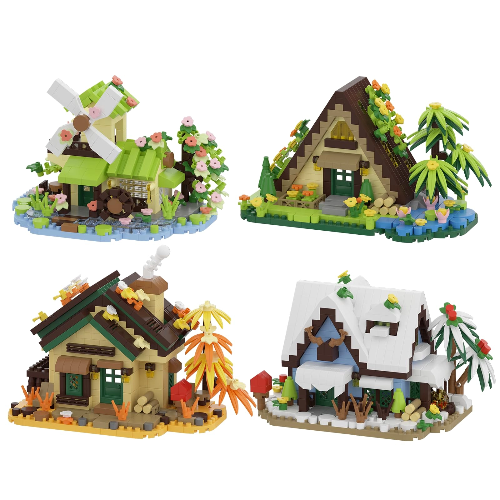 Jollcnoia Spring Windmill House - 4 pcs Floral + Summer A-frame Hut + Autumn Forest Cabin + Winter Snow-capped Cabin