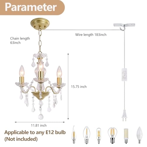Plug in Modern 3-Light Chandelier - Gold Glass Crystals