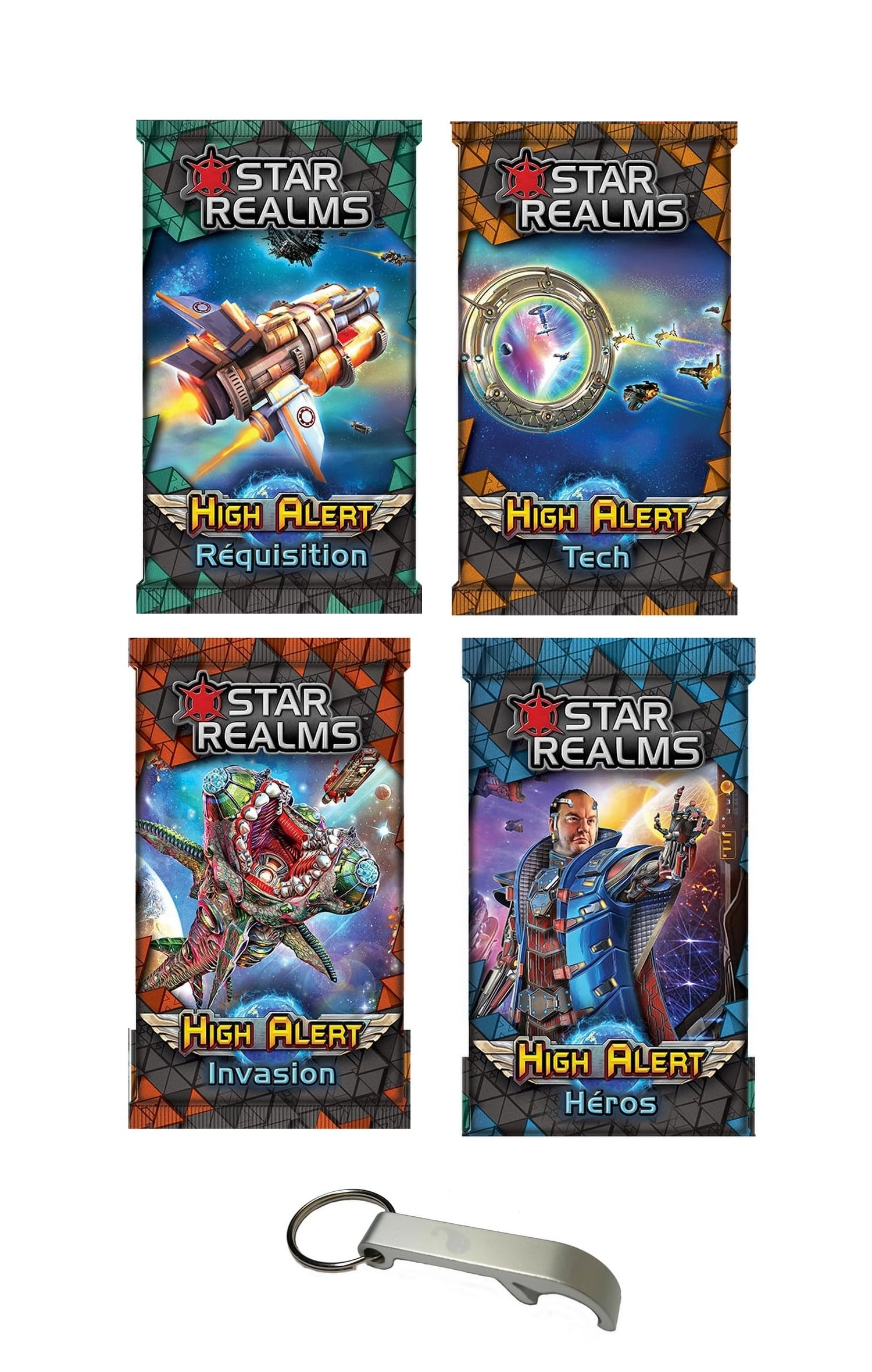 Blumie Shop Star Realms: High Alert - Requisition - French Version + Star Realms: High Alert - Hero + Star Realms: High Alert - Tech + Star Realms: High Alert - Invasion + Bottle Opener