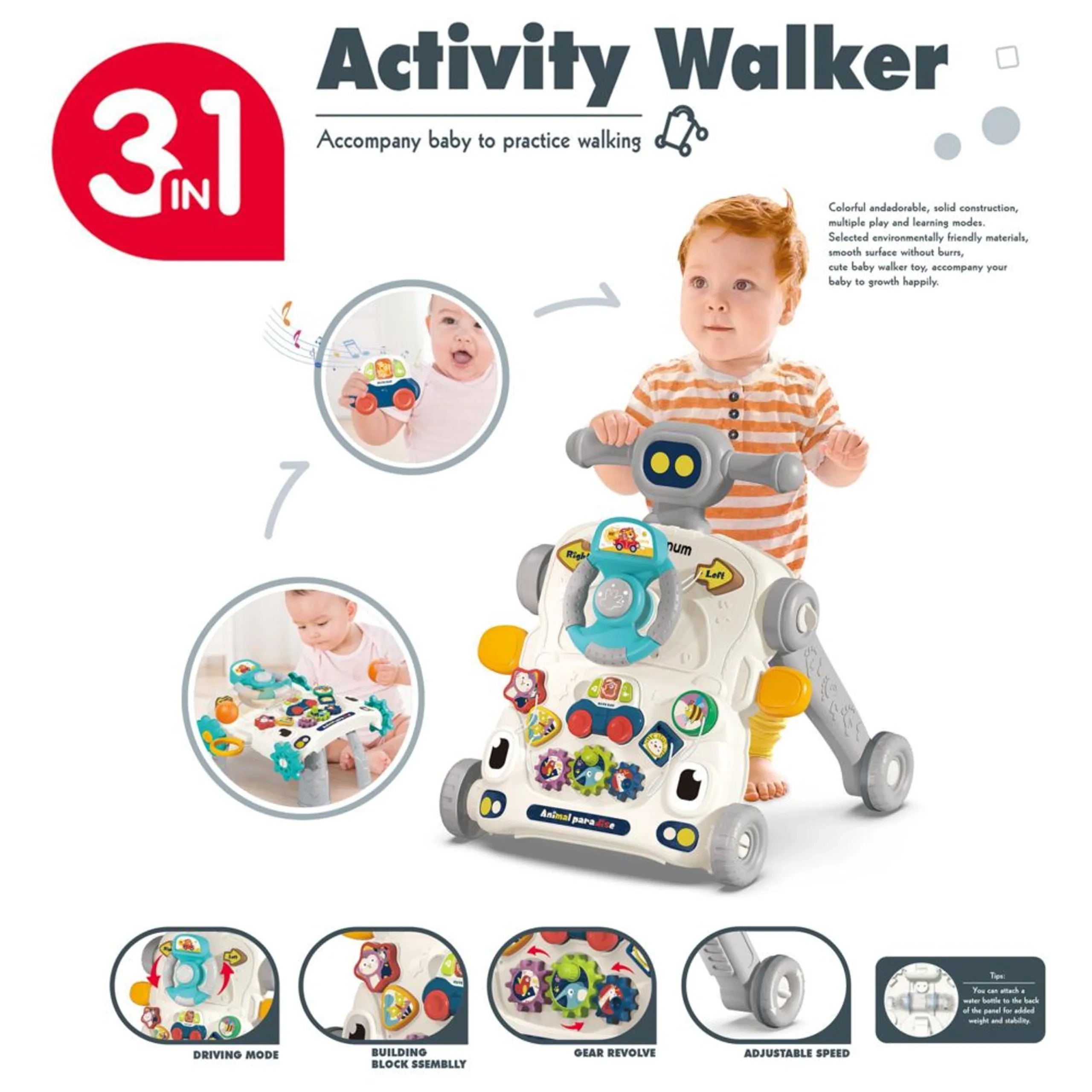 3-in-1 Baby Walker - Musical Keyboard Learning Table Mode