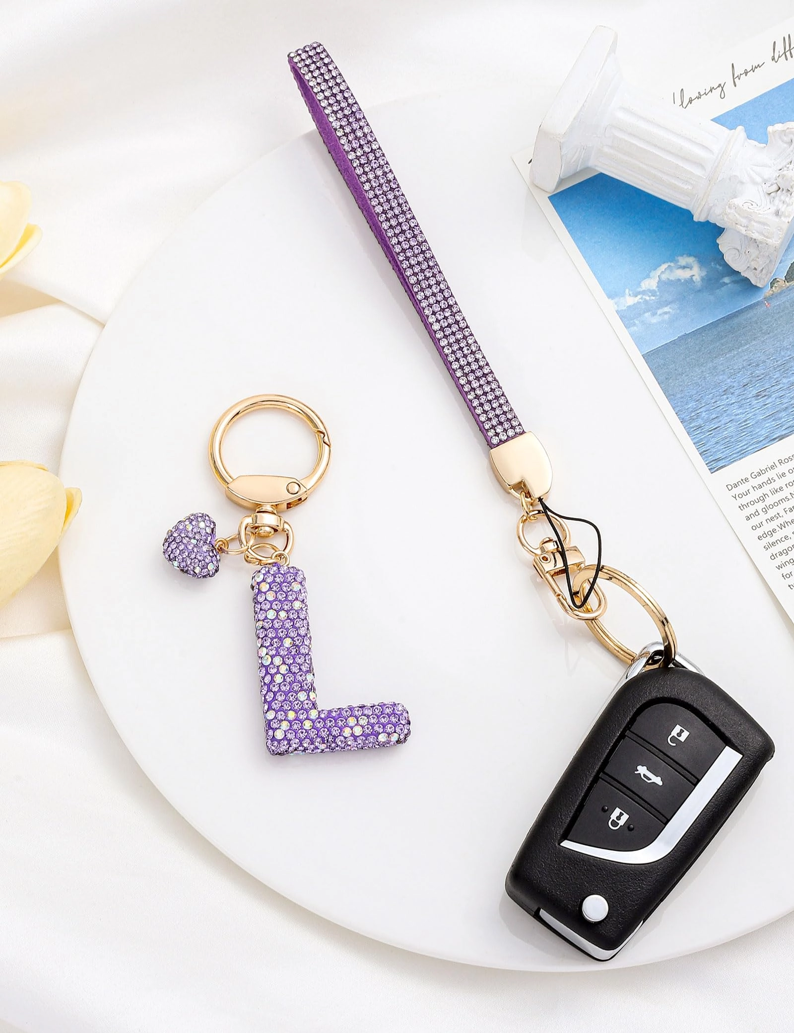 Initial Keychain - L Purple Rhinestone