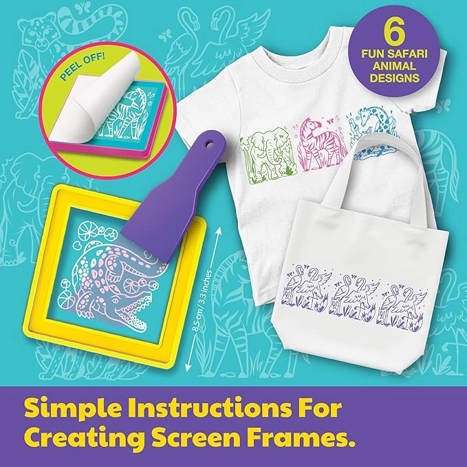 KidzMaker Easy-To-Do Screen Printing Craft Kit - Safari Animals 50x50 cm
