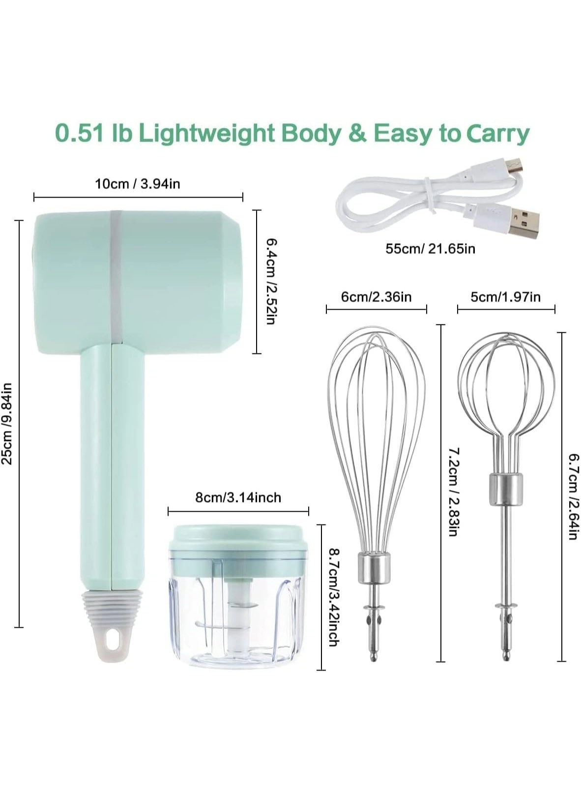 Electric Hand Mixer - 3-in-1 Cordless USB Rechargeable