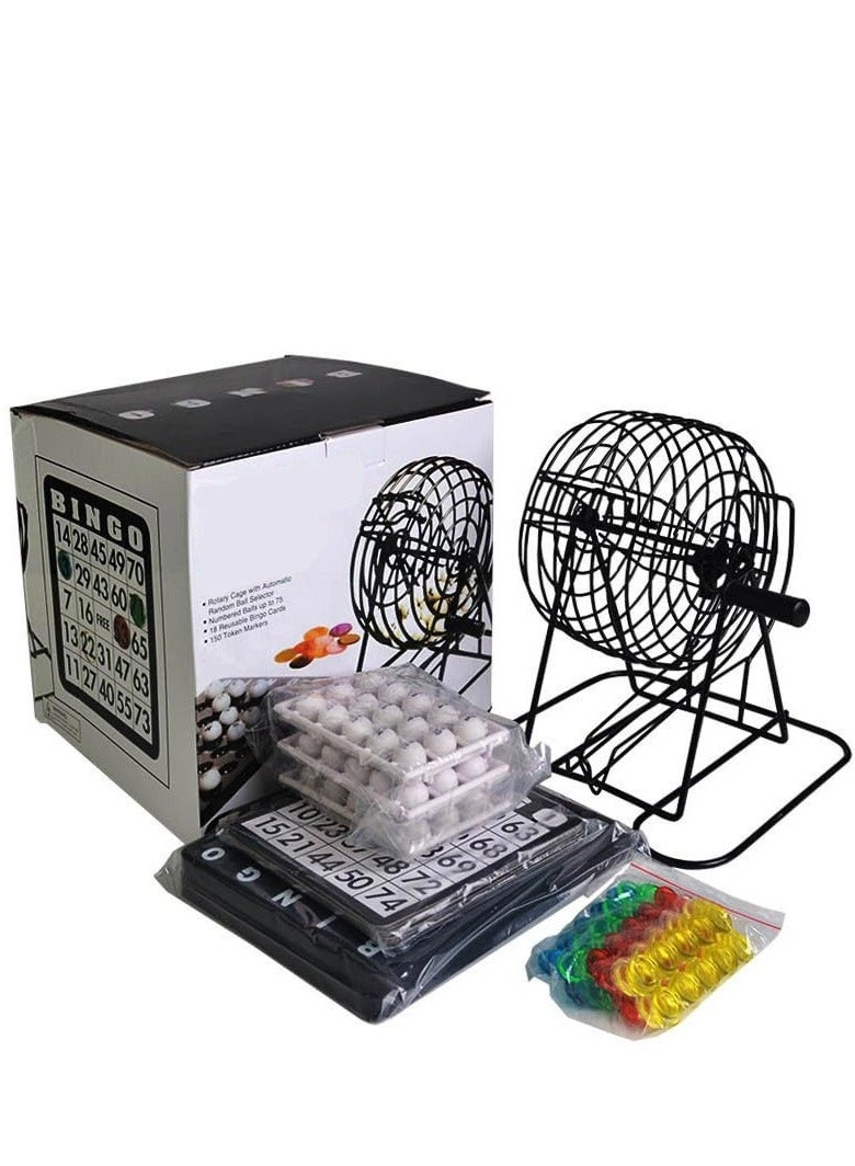 Bingo Cage - Metal + Paper Cards - 18 + Balls - 75 + Bingo Chips - 150