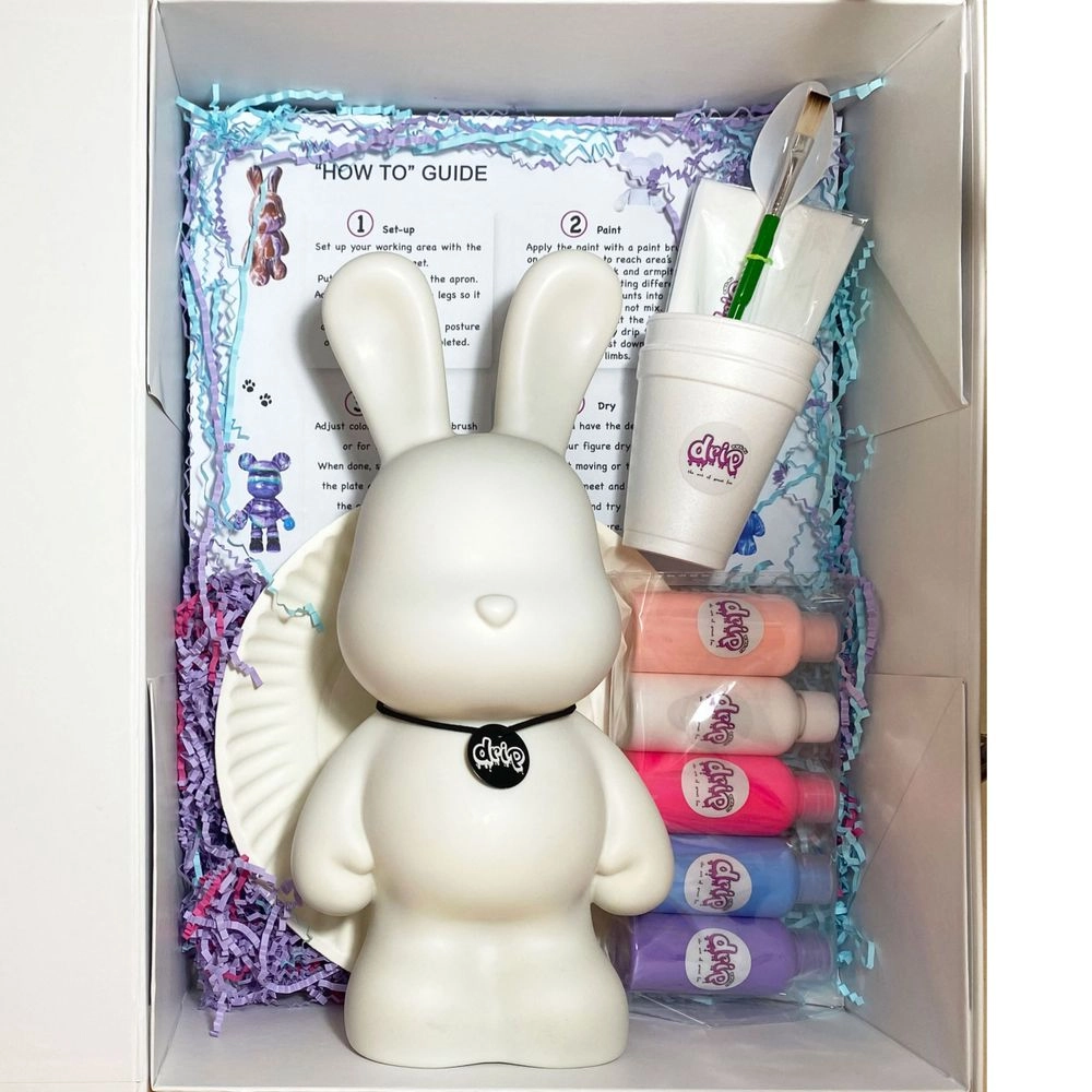 DIY Bunny Fluid Acrylic Pouring Paint Kit - 5 acrylic paints 2 oz/60 ml each; apron; clear cups; plate; gloves; paintbrush; pipette; spoon; table sheet