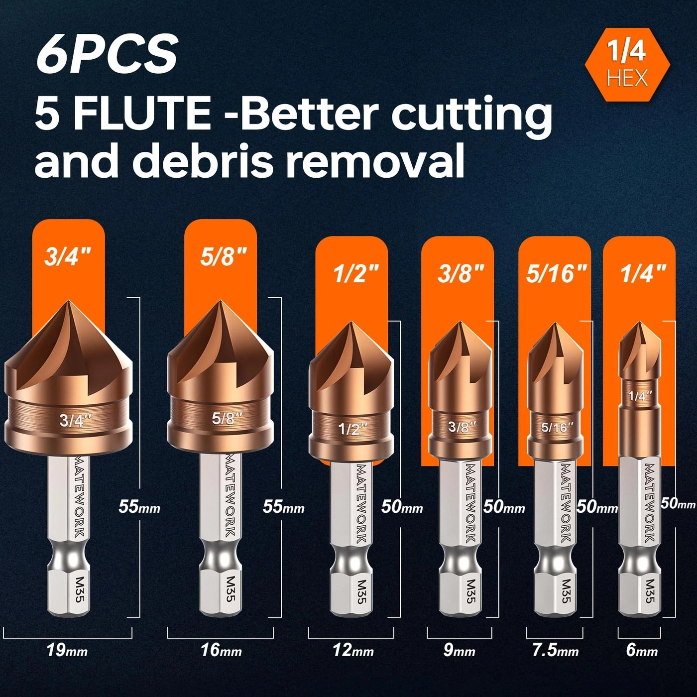 Countersink Drill Bit Set - M35 Cobalt HSS 6 Pieces 1/4 Inch
