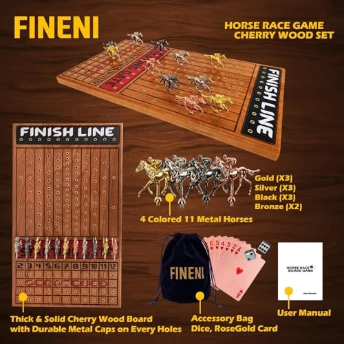 Horse Racing Game - 11 Metal Horses 22” Cherry Wood Board