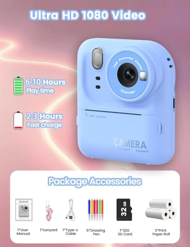 Kids Print Camera - Instant Printing 1080P Videos Red Bundle