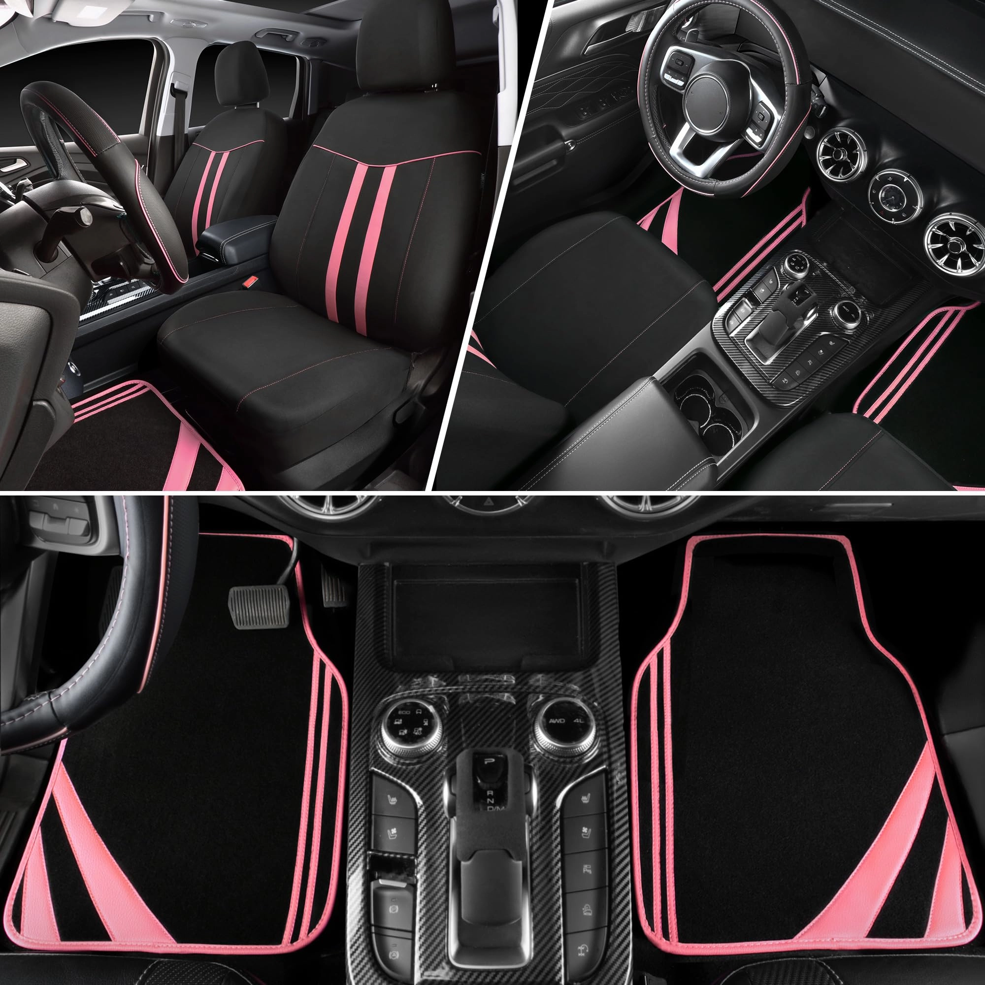 Car Seat Covers - Air Mesh Leather + Car Floor Mats - Waterproof + Steering Wheel Cover - Sporty