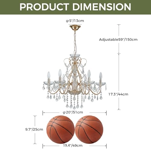 5-Light K9 Crystal Chandelier - Gold Adjustable Chain 59"